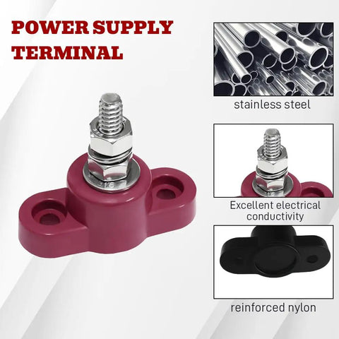 Dead Reliable Rock Solid Top Shelf Heavy Duty Battery Junction Block 2 Piece Quarter Inch Single Stud Power Distribution Bar with rust proof steel hardware shown.