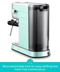 Compact Stainless Steel Espresso Machine With Powerful Steam Wand For Killer Lattes And Smooth Shots At Home showing 34 oz tank for easy refilling.