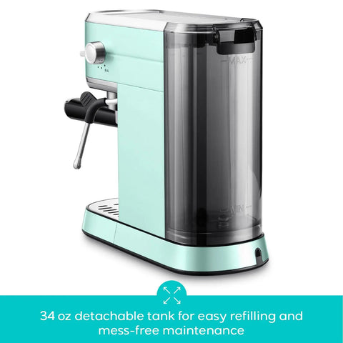 Compact Stainless Steel Espresso Machine With Powerful Steam Wand For Killer Lattes And Smooth Shots At Home showing 34 oz tank for easy refilling.