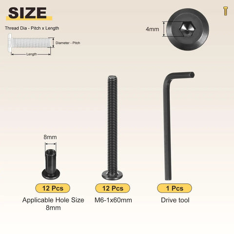 Heavy Duty Crib Replacement Screws And Barrel Nuts With Hex Key Wrench For Baby Bed Frame Assembly showing 12 M6x60mm screws.