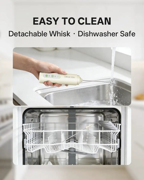 Top Shelf Rechargeable Two Speed Milk Frother With Dual Spring Stainless Whisk being rinsed under water, showcasing its easy cleaning.