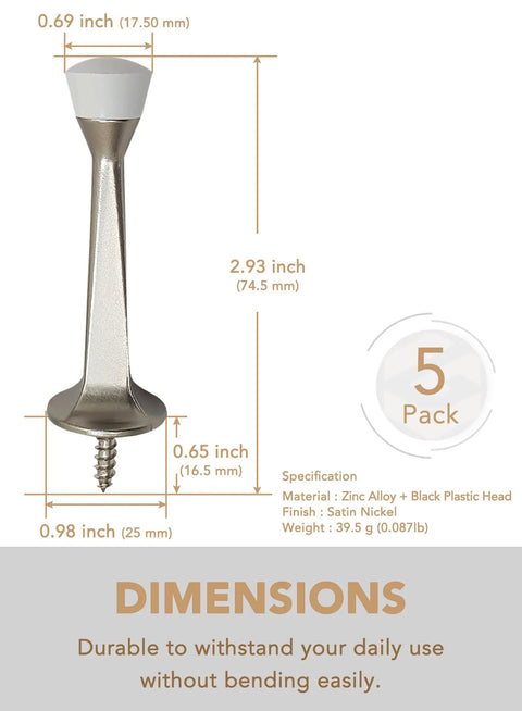 5 Pack 3 Inch Heavy Duty Solid Door Stop With Zinc Die Cast Body And Soft Bumper Tips Silver Finish Built Tough To Stop Doors And Protect Walls For Home And Office, side view with measurements.