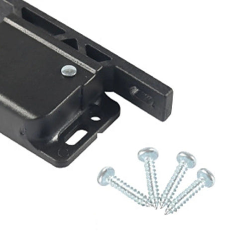 Up Your Game With These Heavy Duty Universal RV Drawer Latches And Push Catches That Slam Shut Hard To Save Your Boat Or Home Cabinets From Banging Doors And Break Free From Worn Out Locks Today. Close-up of a black RV drawer latch with matching screws.