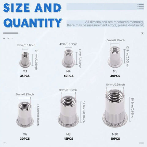 180Pcs Flat Head Rivet Nut Kit Stainless Steel Insert Rivnuts Set M3 To M10 With sizes and quantities for each type