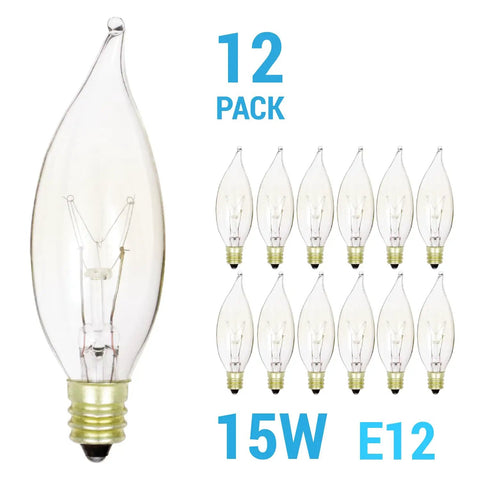 Pack Of 12 40W Clear E12 Flame Tip Dimmable Candelabra Base Chandelier Bulbs, 120V, 4 Inch Bent Tip Glass Lights