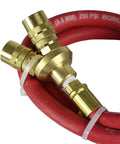 Heavy Duty 3 Foot 3/8 Air Hose Extender With Triple Manifold Quick Connector, red hose and brass fittings close-up.