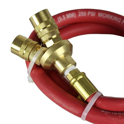 Heavy Duty 3 Foot 3/8 Air Hose Extender With Triple Manifold Quick Connector, red hose and brass fittings close-up.