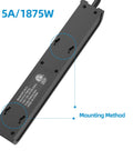 Rock Solid Six Outlet Surge Protector Power Strip With Six Foot Extension Cord And Six Hundred Joule Defense showing mounting method and specifications.