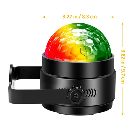Disco Ball Party Lights With Remote Sound Activated RGB Seven Color Strobe DJ Lights For Home Parties Two Pack showing dimensions