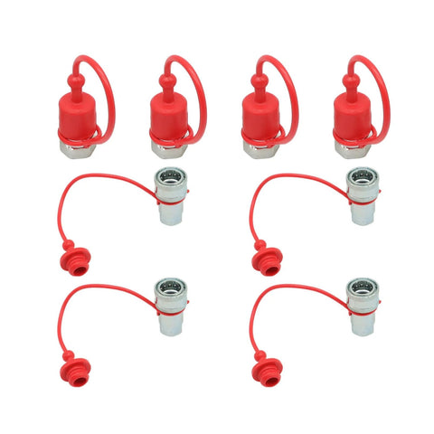 Set of four 1/2-inch hydraulic quick-connect couplers with red tethered protective caps