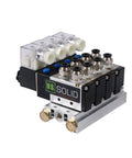 4V210-08 Beefed-Up Four Valve Pneumatic Solenoid Assembly One Quarter Inch NPT Two Position Five Way Valve Block With Base Mount