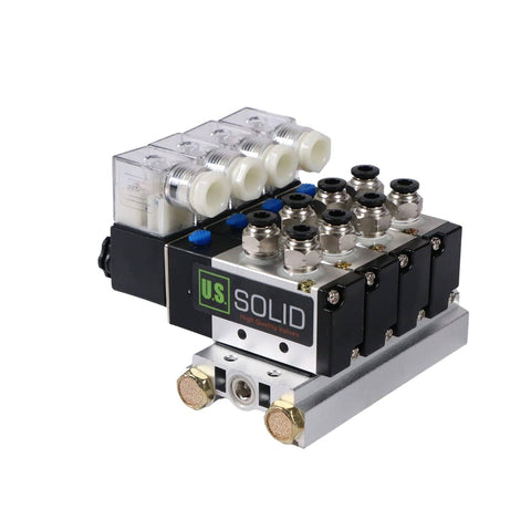 4V210-08 Beefed-Up Four Valve Pneumatic Solenoid Assembly One Quarter Inch NPT Two Position Five Way Valve Block With Base Mount