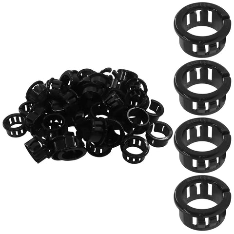 60 Pack Three Quarter Inch Opened Snap Bushings For Cable Grommets OSB 19 Nylon Black Durable Shield Against Cable Abrasion In Demanding Environments And Easy Cable Management. 60-pack black nylon bushings