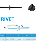 Heavy Duty Black Aluminum Blind Rivets 60 Piece 3 16 By 1 Inch Pop Fasteners overview image with measurements and design details.
