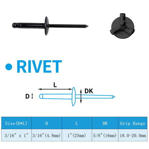 Heavy Duty Black Aluminum Blind Rivets 60 Piece 3 16 By 1 Inch Pop Fasteners overview image with measurements and design details.
