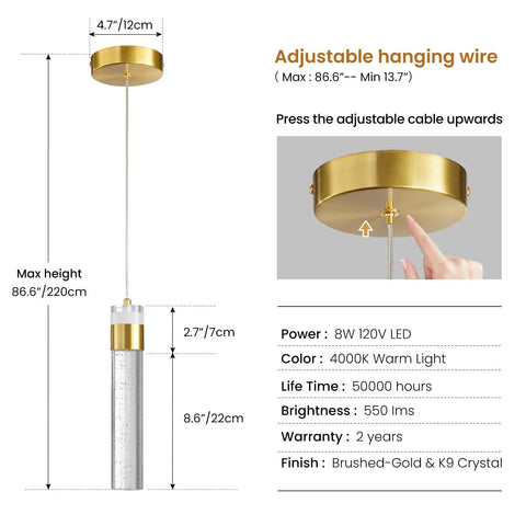 Gold Crystal Pendant Light For Kitchen Island, 4000K LED Modern Adjustable Chandelier with brushed-gold finish and bubble crystal design