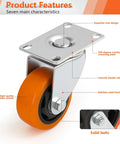 Built Tough Heavy Duty Three Inch Caster Set Of Four With Twin Straight Front Runners Paired With Nimble Rear Swivel Hubs Wrapped In Bright Orange Polyurethane, showcasing a stainless steel bracket and smooth rollers.