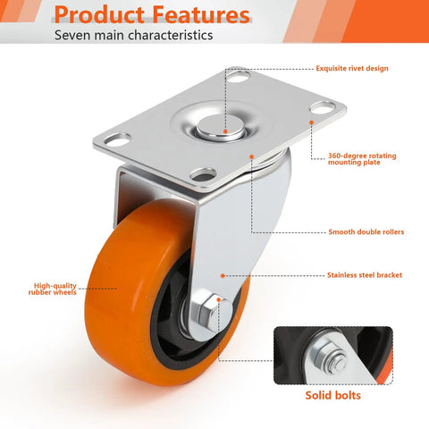 Built Tough Heavy Duty Three Inch Caster Set Of Four With Twin Straight Front Runners Paired With Nimble Rear Swivel Hubs Wrapped In Bright Orange Polyurethane, showcasing a stainless steel bracket and smooth rollers.