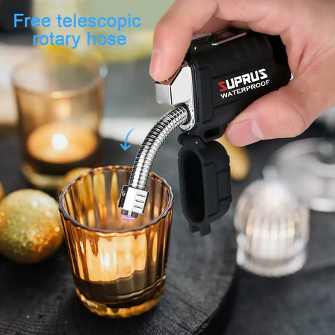 Close-up of hand using Waterproof Windproof Arc Plasma Lighter USB C Rechargeable with flexible neck over candle.