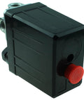 Vertical Four Way Air Compressor Pressure Switch 90-120 PSI 240V Black, compact 82x52x127mm, front view with red button visible