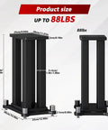Diagram of Beefy Heavy Duty Wooden Speaker Stands Pair with measurements and 88 lbs capacity shown in black finish, two angles.