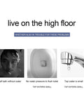 Image addressing issues with low water pressure for high-floor residents, featuring half bath, toilet, and dripping tap.