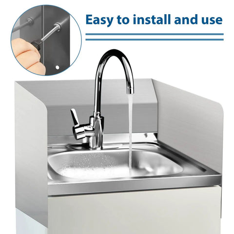Stainless Steel Sink Splash Guard Wall Mount With Screws 17 By 12 Inch installed on kitchen sink with running water.