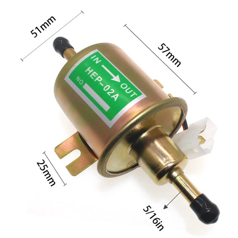 12V Inline Fuel Pump Kit for Lawn Mower Carburetor with 8mm Hose and 5/16 inch Fittings, Low Pressure 2.5 to 4 PSI, Copper Body