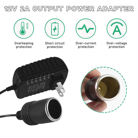Ditch The Hassle With Slick AC To DC Converter Adapter Featuring Cigarette Lighter Plug that shows 12V 2A adapter and socket details.