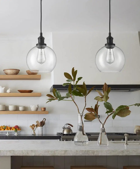 Farmhouse Black Globe Pendant Light With Hand Blown Seeded Glass And Easy Access Open Bottom 8 Inch Globe Adjustable Height