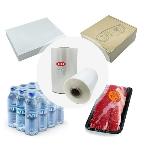 Heavy Hitter 12 Inch Polyolefin Heat Shrink Wrap Film 60 Gauge Tough Grip Centerfold Roll with packed items and boxes.