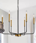 Modern Farmhouse Black And Gold 6 Light Candle Chandelier With Adjustable Height Chain And Rods Ceiling Light Fixture in dining room