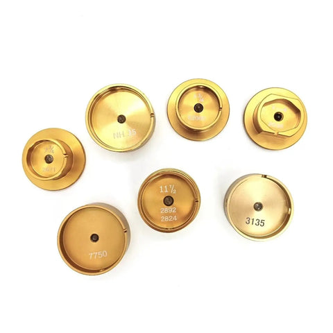 Watch Movement Holder Tool For NH35 7750 3135 Repair Fits Hands, showing multiple precision aluminum alloy holders labeled per calibers