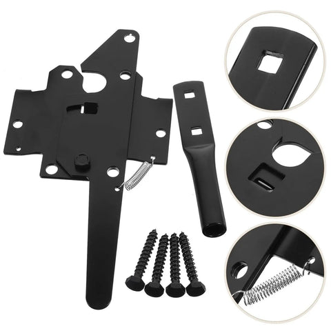 Heavy Duty Hidden Latch And Sturdy Gate Hinge Kit For Wooden Fences Backyard Secure Lock Black Iron Outdoor Decorative Garden Yard Metal Hardware Quick Install components with screws and spring.