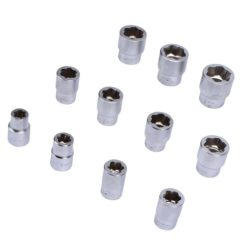 Eleven Piece Three Eighths Inch Drive Impact Extraction Socket Set For Damaged Rusted Rounded Bolts Nuts And Screws, sockets scattered