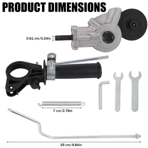 Pro Grade Drill Nibbler Kit For Sheet Metal Cutting Attachment dimensions with adapter, connecting rod wrenches, and accessories displayed