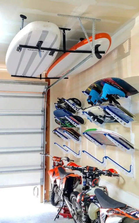 Dope Overhead Paddleboard Hanger And Surfboard Rack For Garage Adjustable Ceiling Mount with boards stored above bikes