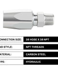 Two Pack 3/8 Inch Reusable Hydraulic Fittings For 3/8 Inch ID Hose Repair Kit Size Six Single Wire Hose Replacement Fittings For Double Wire Braided Hydraulic Hoses, showing carbon steel fitting with NPT threads.