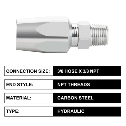 Two Pack 3/8 Inch Reusable Hydraulic Fittings For 3/8 Inch ID Hose Repair Kit Size Six Single Wire Hose Replacement Fittings For Double Wire Braided Hydraulic Hoses, showing carbon steel fitting with NPT threads.