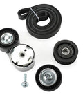 Heavy Duty Serpentine Drive Belt Tensioner Pulley Kit Fits Dodge Ram 1500 3.6L V6 Engine Automatic Adjustment Stops Squealing Slipping Keeps Ride Smooth Reliable For Long Distances No Hassle On The Road Today, black metal pulleys and belt with bolt