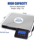 Heavy Duty Digital Shipping Scale With Durable Stainless Steel Deck And Rock Solid 396 Pound Capacity showing dimensions and remote display.