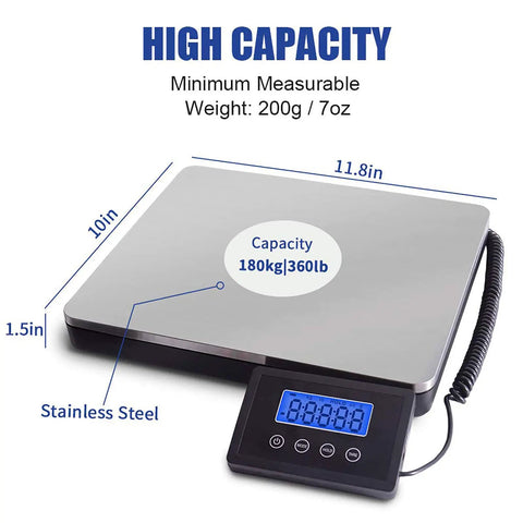 Heavy Duty Digital Shipping Scale With Durable Stainless Steel Deck And Rock Solid 396 Pound Capacity showing dimensions and remote display.