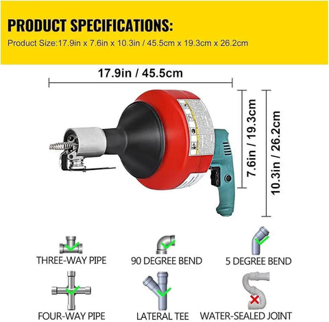 Knock Out Stubborn Toilet And Sink Clogs In One Shot With This Portable 26 Ft Electric Drain Auger Sewer Snake, 17.9in size, red and black design.