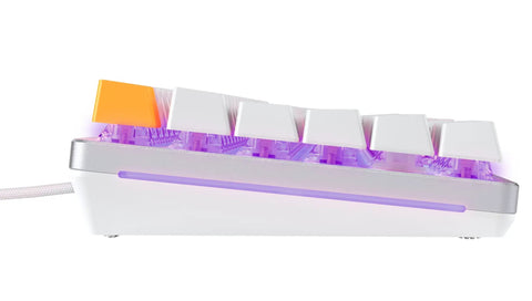 Full Size Prebuilt Mechanical Gaming Keyboard Featuring Compact 96 Layout In Crisp White Design With Silky Smooth Linear Switches Durable Abs Keycaps Reliable Double Shot Legends And Stunning Per Key Rgb Backlighting side view showing RGB lighting and unique keycap design.