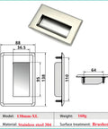 Slick Stainless Steel Hidden Recessed Pull Handles For Doors Drawers Cabinets And Sliding Doors Square Flush Concealed Hardware Two Pack XL Size with brushed finish and dimensions shown.