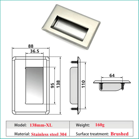 Slick Stainless Steel Hidden Recessed Pull Handles For Doors Drawers Cabinets And Sliding Doors Square Flush Concealed Hardware Two Pack XL Size with brushed finish and dimensions shown.