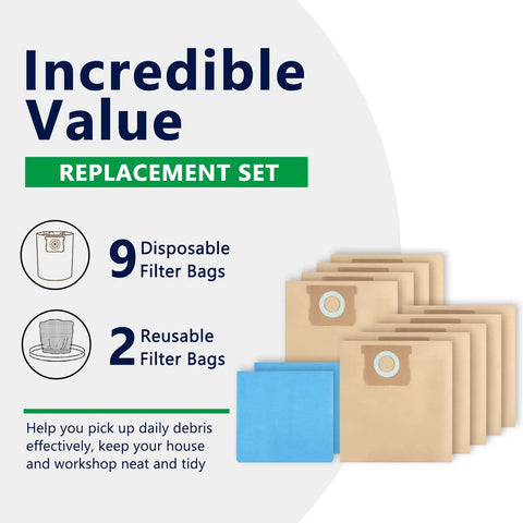 Image of 11 pack Heavy Duty Shop Vac Bags For Stanley 5 To 6 Gallon Wet Dry Vacuums Replacement, showing 9 disposable and 2 washable bags
