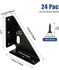 Heavy Duty Corner Brackets 24 Pack With 144 Screws, Metal Gusset Joints For Rock Solid Furniture Support, Triangle Shelf Stabilizers dimensions and screw details