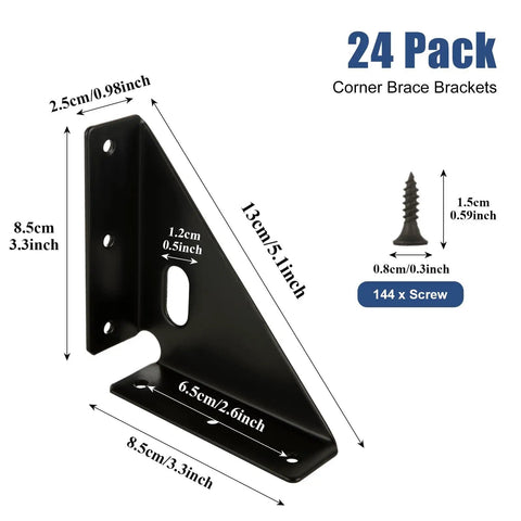 Heavy Duty Corner Brackets 24 Pack With 144 Screws, Metal Gusset Joints For Rock Solid Furniture Support, Triangle Shelf Stabilizers dimensions and screw details
