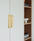 Brushed Gold Cabinet Pulls With Backplate 6 Pack Zinc Alloy Kitchen Drawer Handles on white cabinet door.